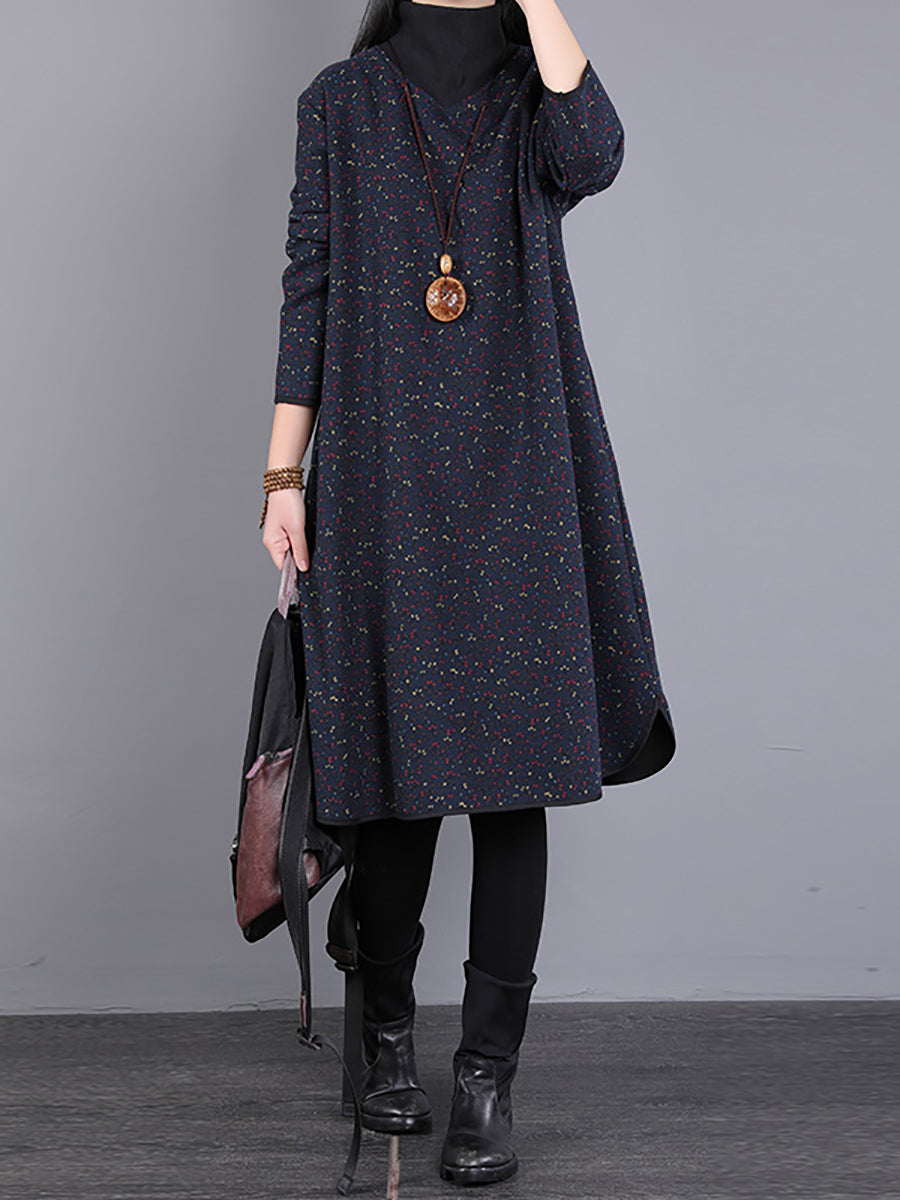 Women Vintage Winter Fleeced Floral Turtleneck Dress