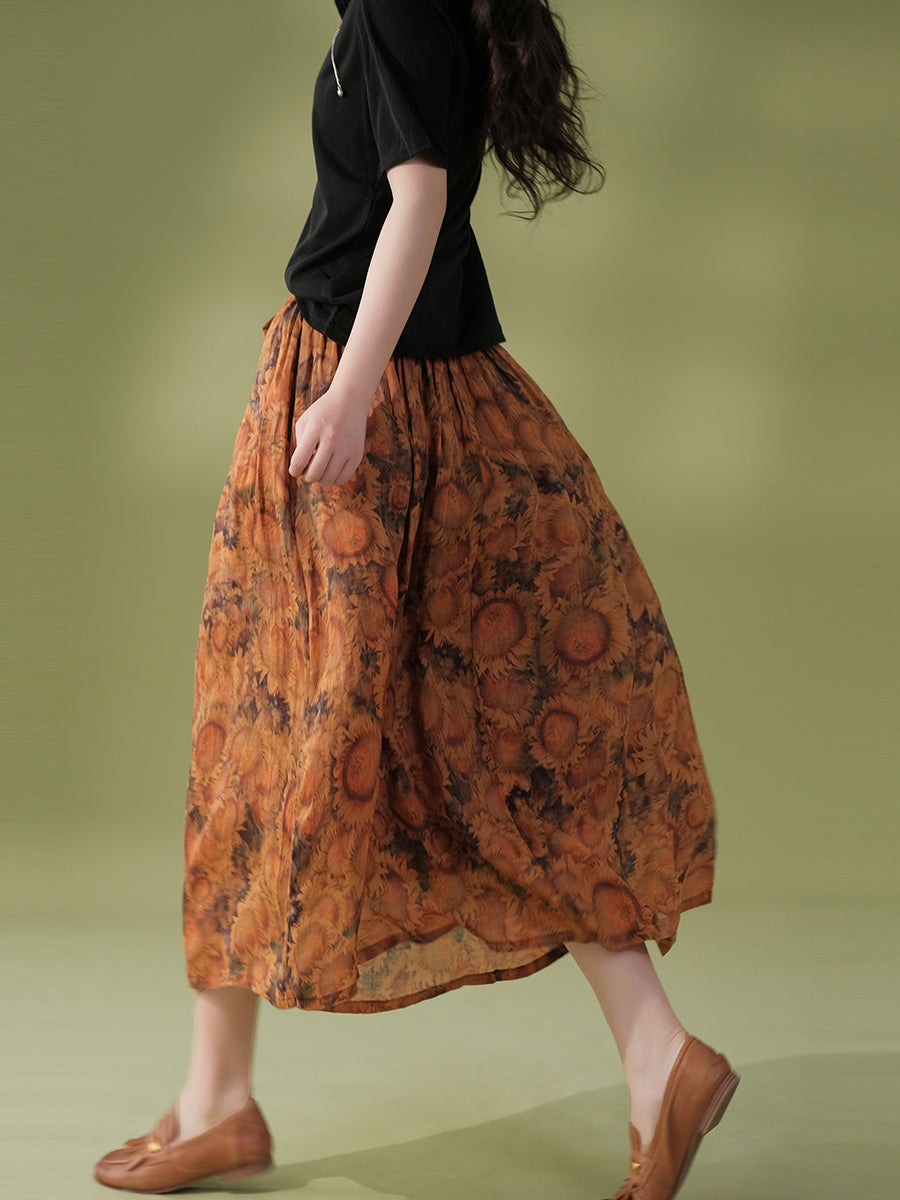 Women Summer Artsy Flower Drawstring Pocket Ramie Skirt