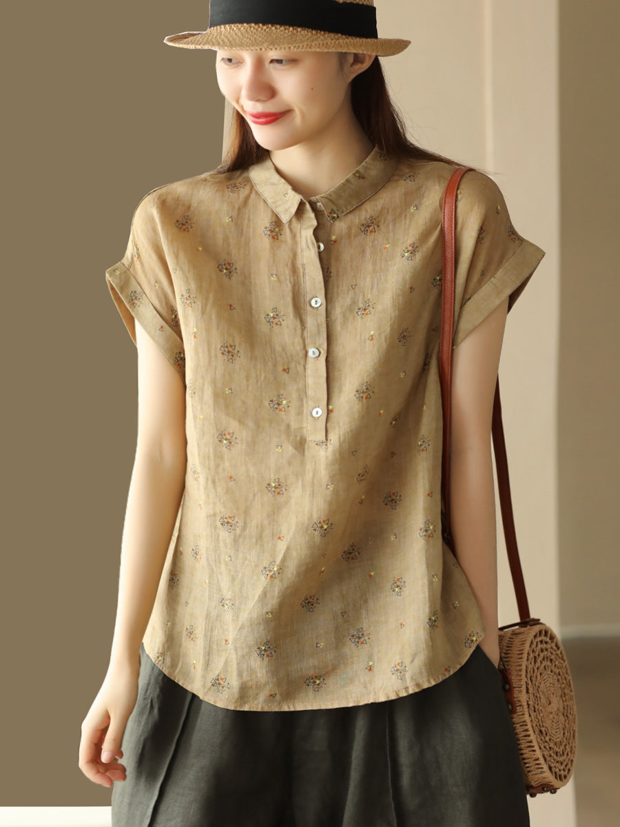 Women Summer Vintage Geometric Print Button Linen Shirt