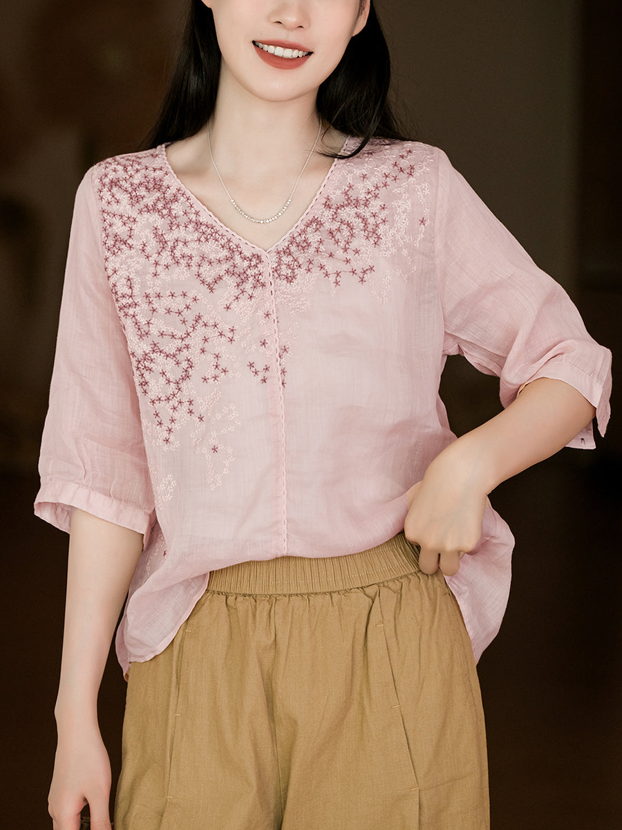 Summer Flower Embroidery Lacework Loose Ramie Shirt