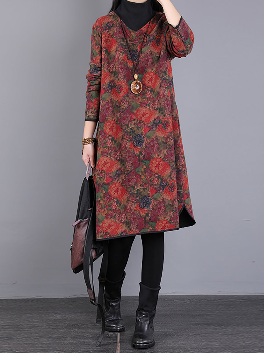 Women Vintage Winter Fleeced Floral Turtleneck Dress