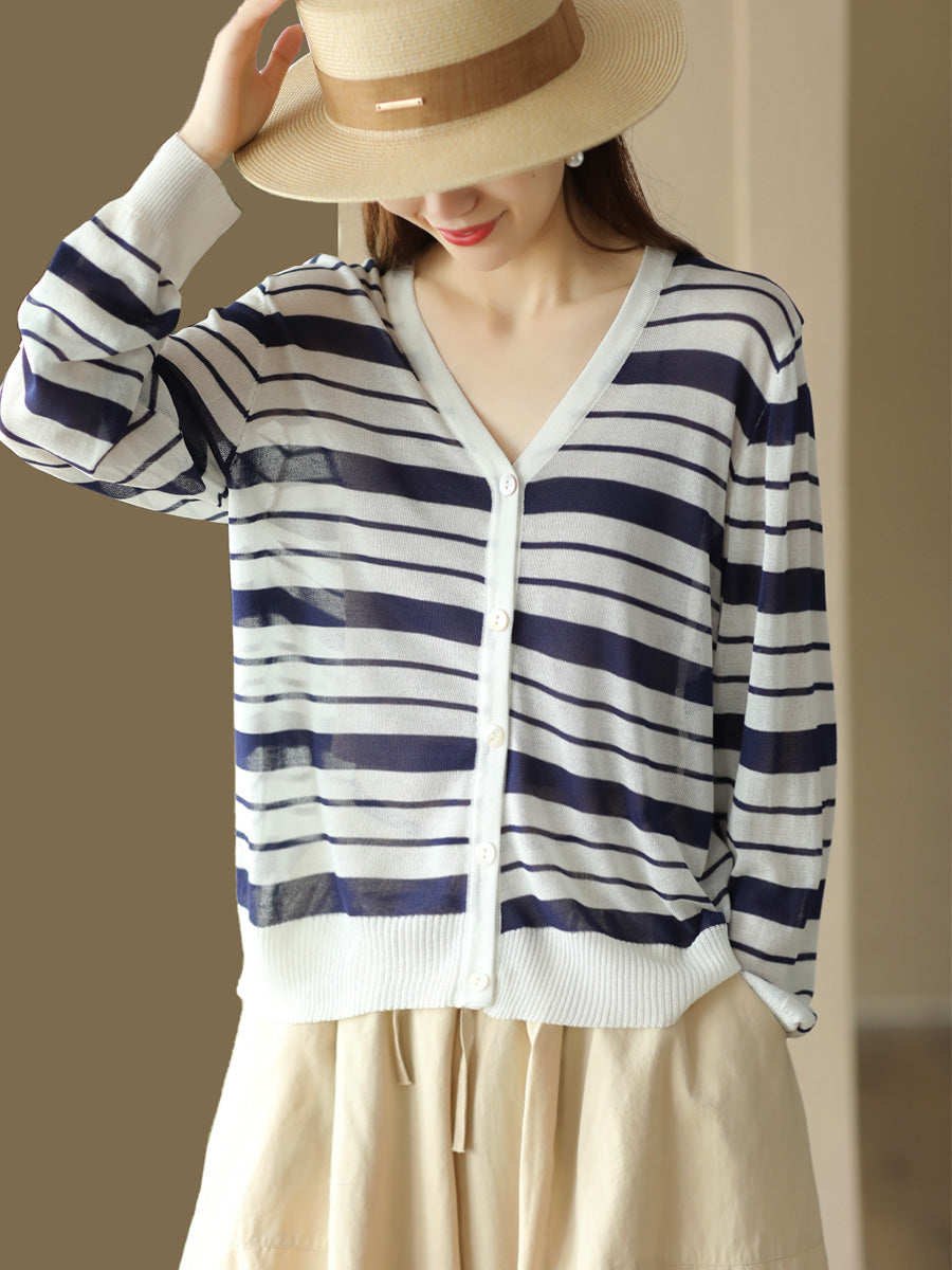 Women Summer Stripe Casual Knitted Linen Cardigan Shirt