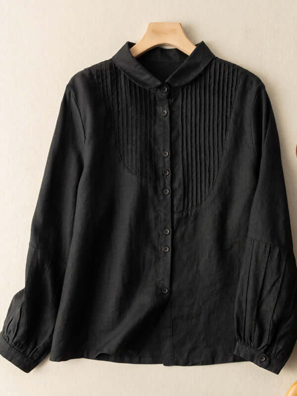 Ink Green Linen Pleated Casual Shirt Long Sleeve