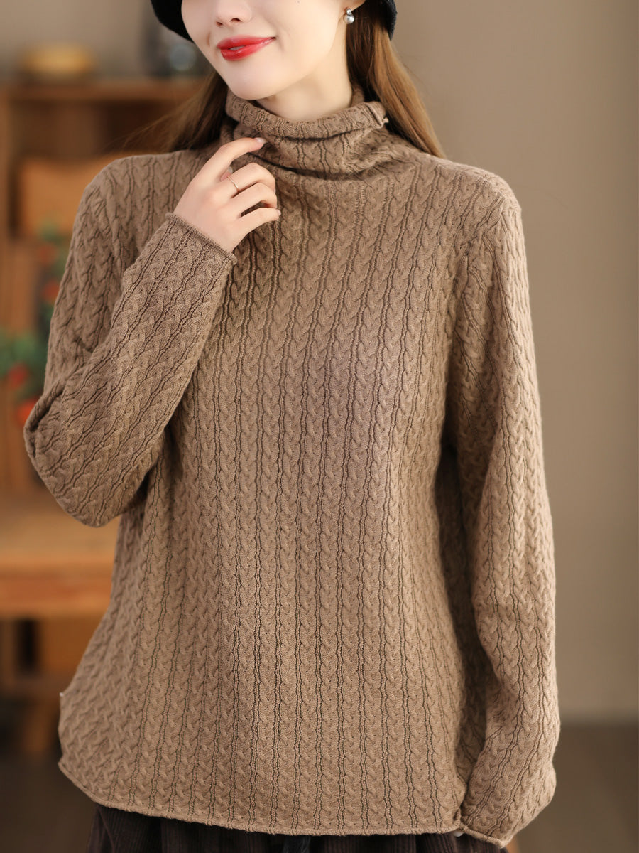 Women Casual Jacquard Knitted Solid Turtleneck Sweater