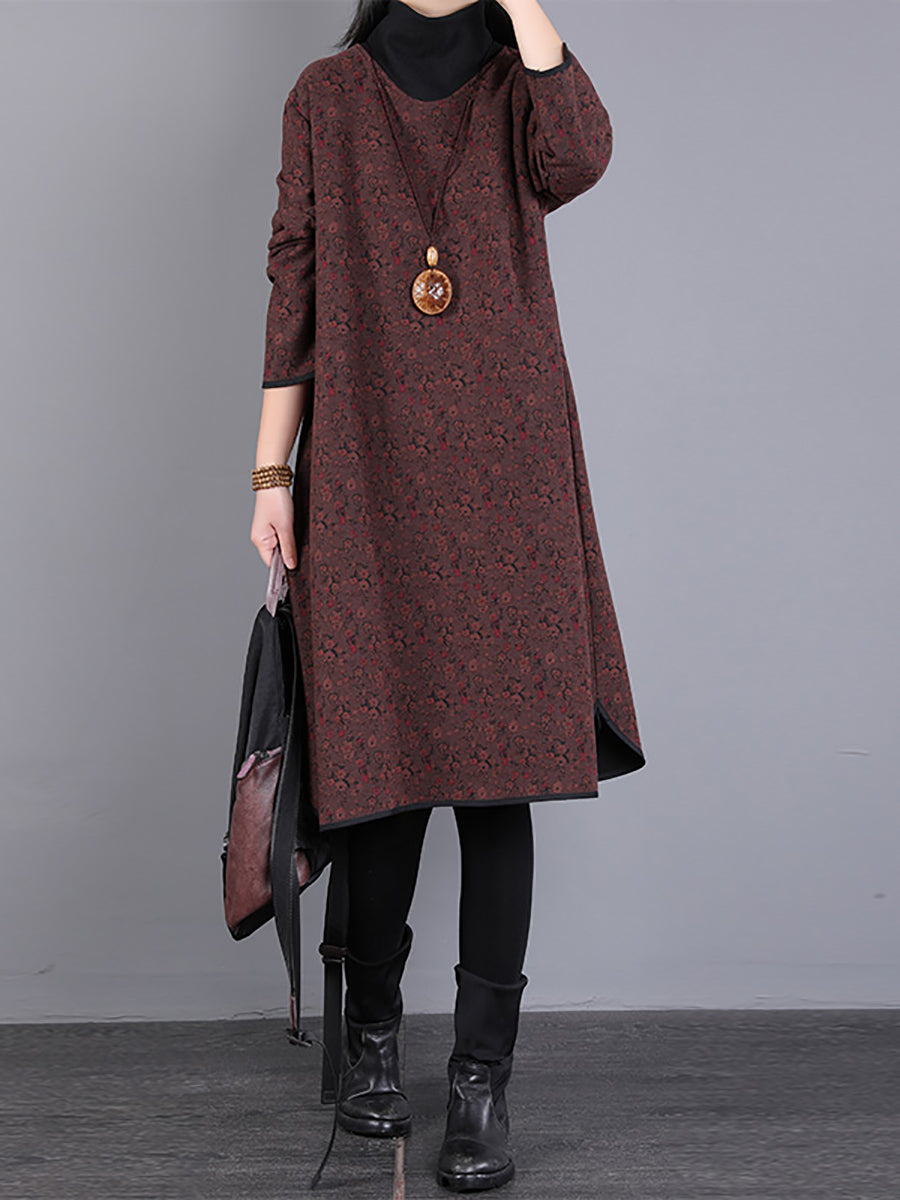 Women Vintage Winter Fleeced Floral Turtleneck Dress