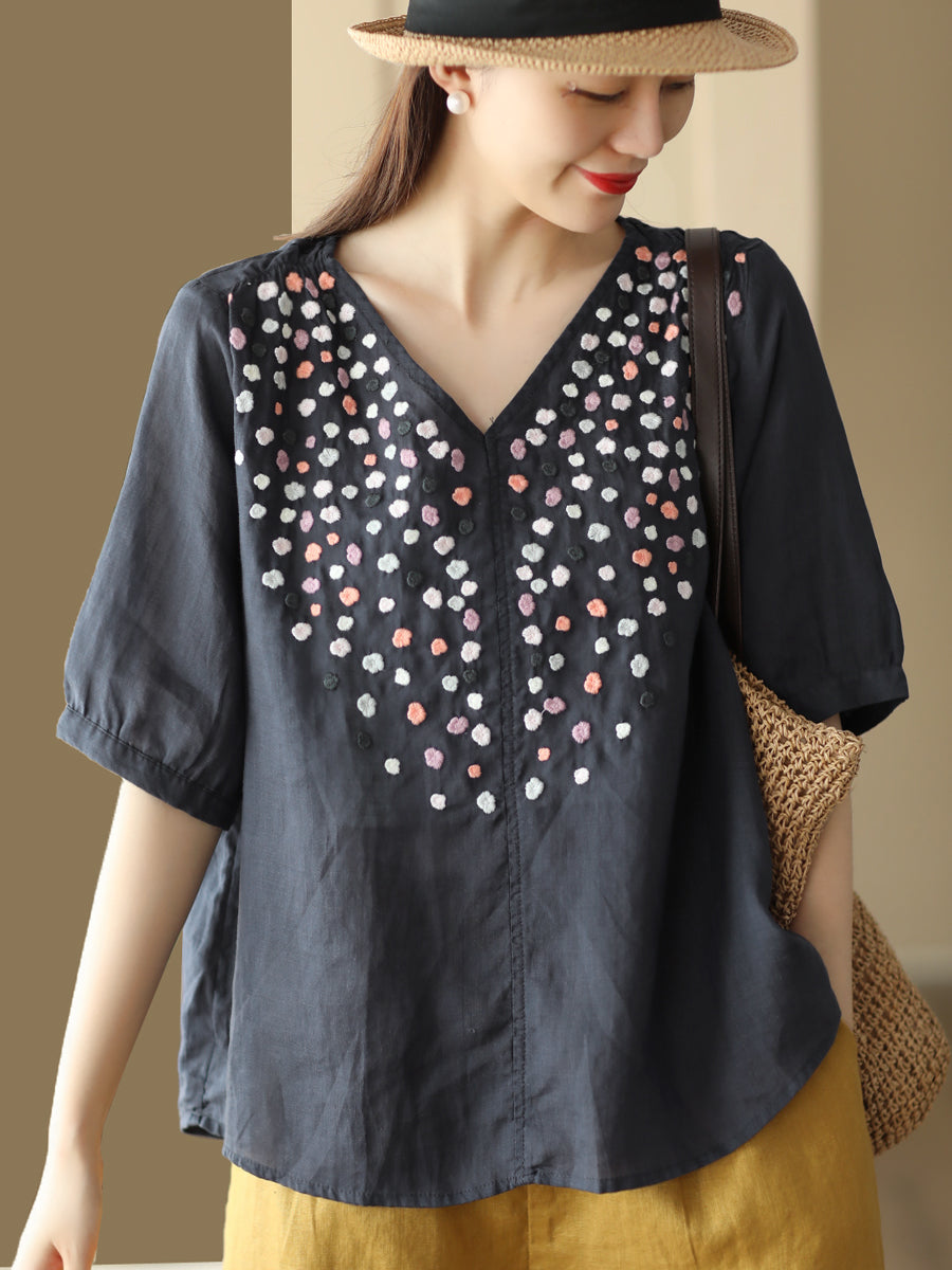 Women Summer Flower Embroidery V-Neck Ramie Tops