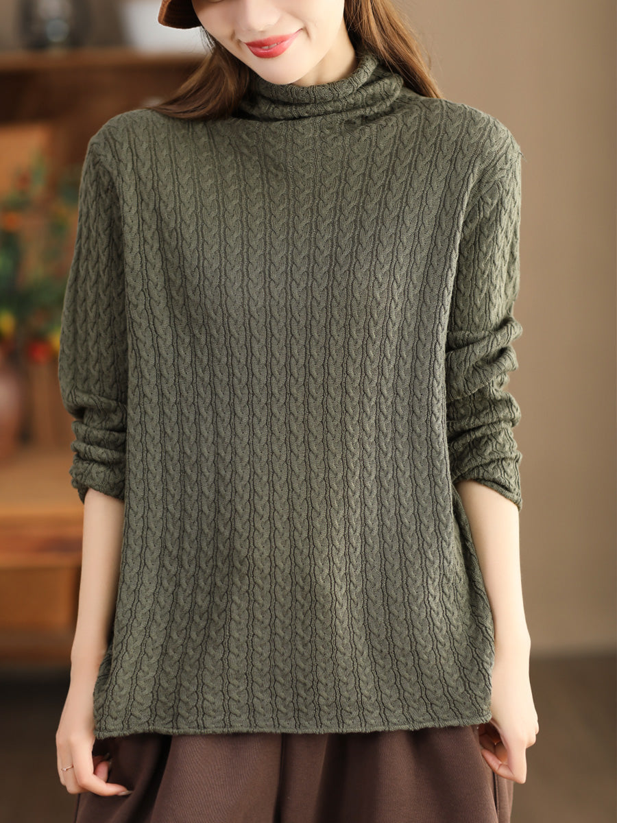 Women Casual Jacquard Knitted Solid Turtleneck Sweater