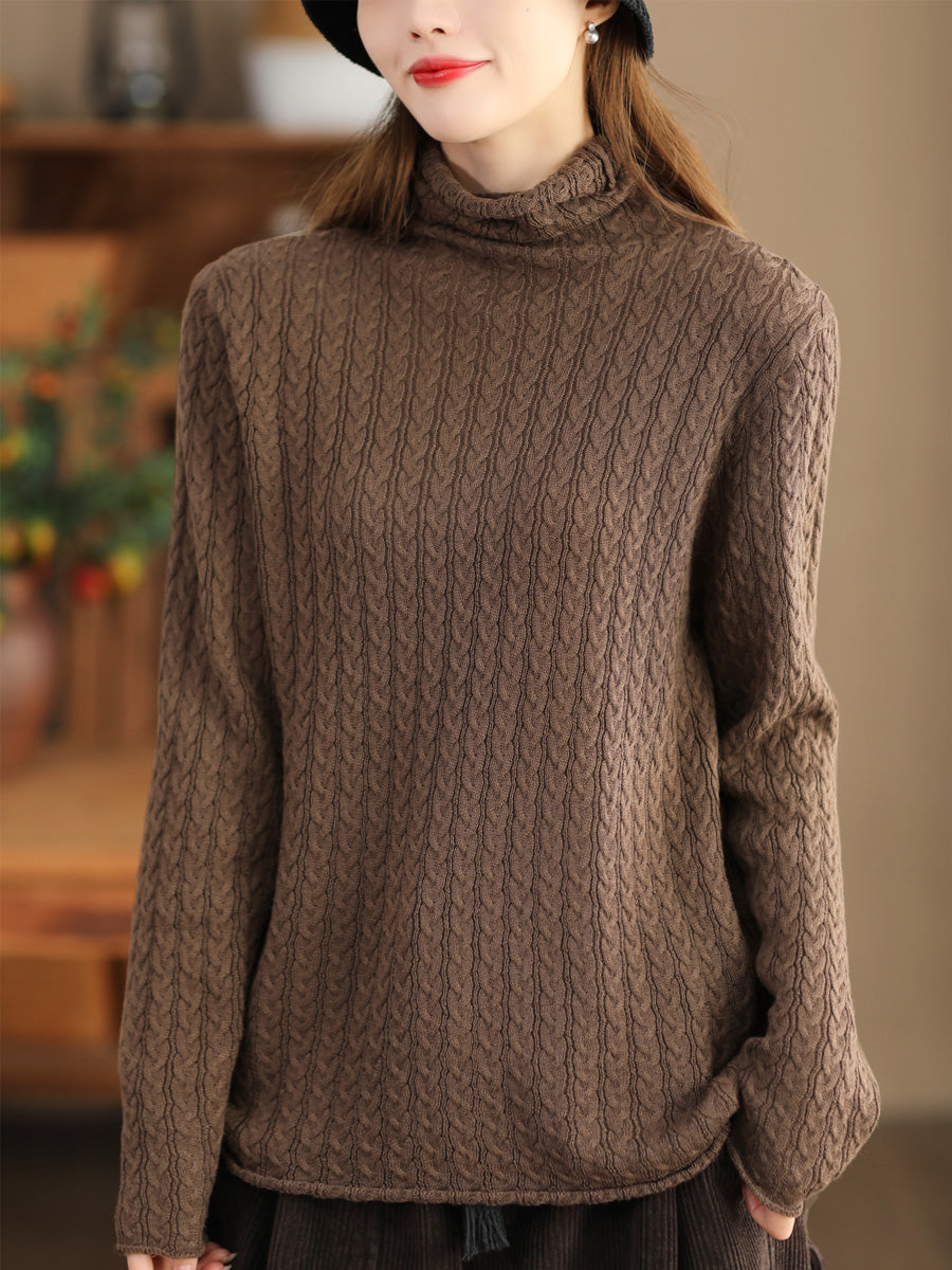 Women Casual Jacquard Knitted Solid Turtleneck Sweater