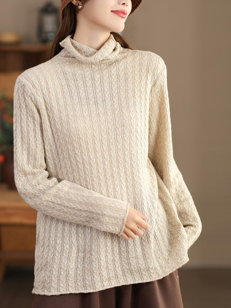 Women Casual Jacquard Knitted Solid Turtleneck Sweater