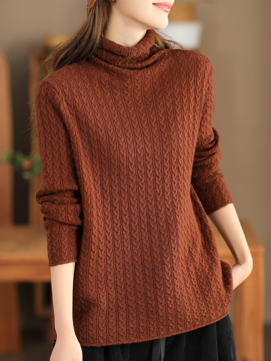 Women Casual Jacquard Knitted Solid Turtleneck Sweater