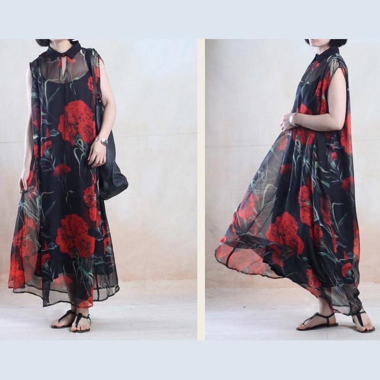 See through chiffon sundress black floral summer maxi dresses oversize - Omychic