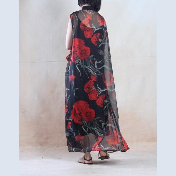 See through chiffon sundress black floral summer maxi dresses oversize - Omychic