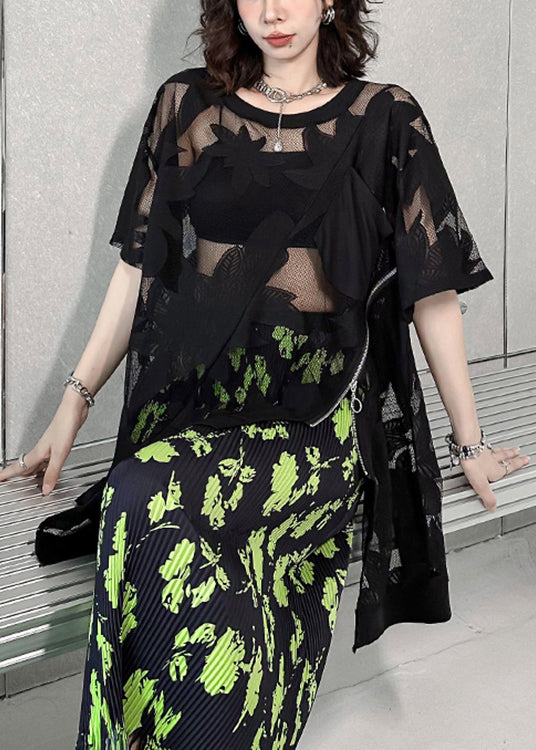 Sexy Black Asymmetrical Embroideried Patchwork Lace T Shirt Summer