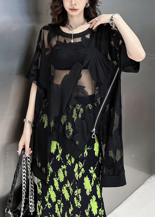 Sexy Black Asymmetrical Embroideried Patchwork Lace T Shirt Summer