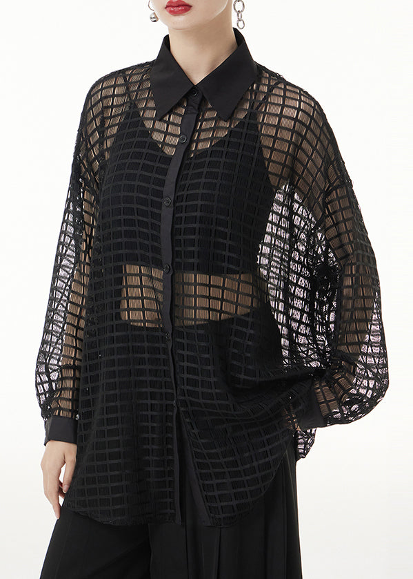 Sexy Black Peter Pan Collar Hollow Out Patchwork Lace Shirts Long Sleeve