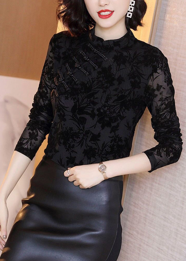 Sexy Black Stand Collar Embroideried Lace Top Fall