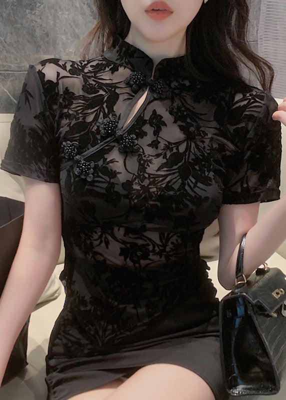 Sexy Black Stand Collar Embroideried Tulle Shirts Short Sleeve