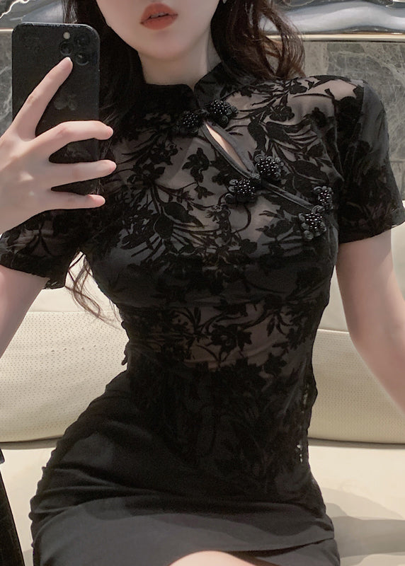 Sexy Black Stand Collar Embroideried Tulle Shirts Short Sleeve