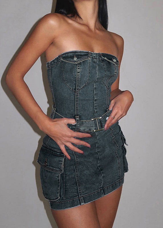 Sexy Blue Strapless Tie Waist Patchwork Denim Mini Dress Summer