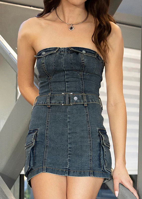 Sexy Blue Strapless Tie Waist Patchwork Denim Mini Dress Summer