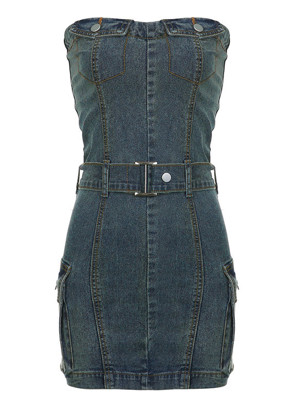 Sexy Blue Strapless Tie Waist Patchwork Denim Mini Dress Summer