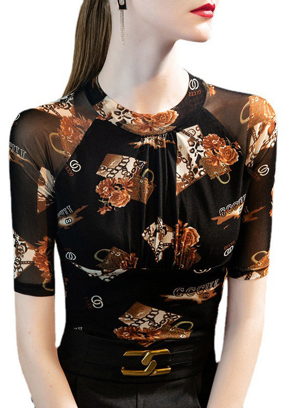 Sexy Coffee O-Neck Print Tulle Top Short Sleeve