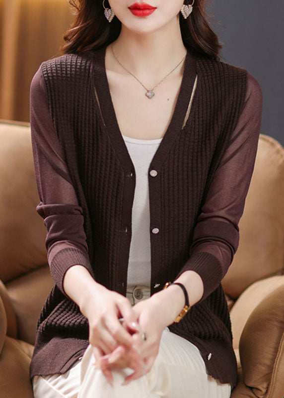 Sexy Coffee V Neck Patchwork Ice Size Knit Cardigan Fall