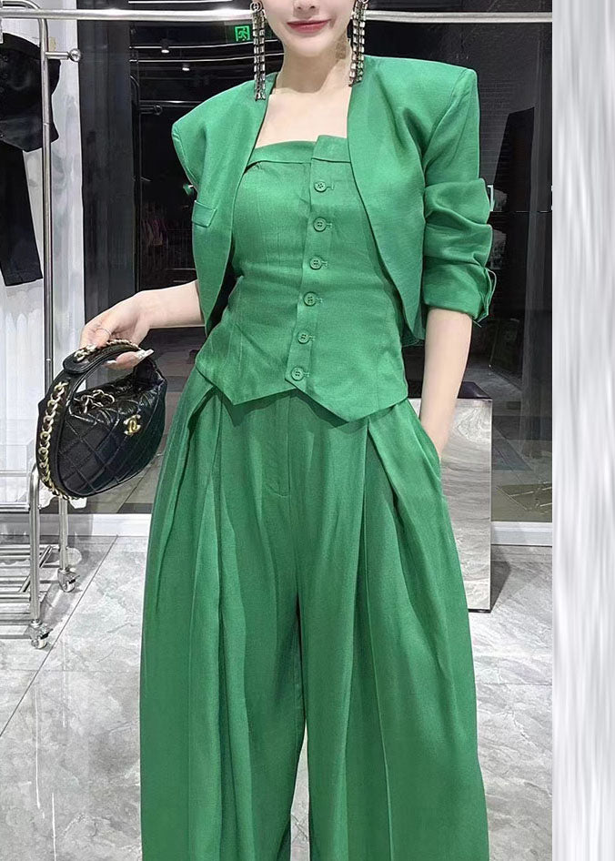 Sexy Green V Neck Coats Tube Top And Wide Leg Pants Three Pieces Set Long Sleeve