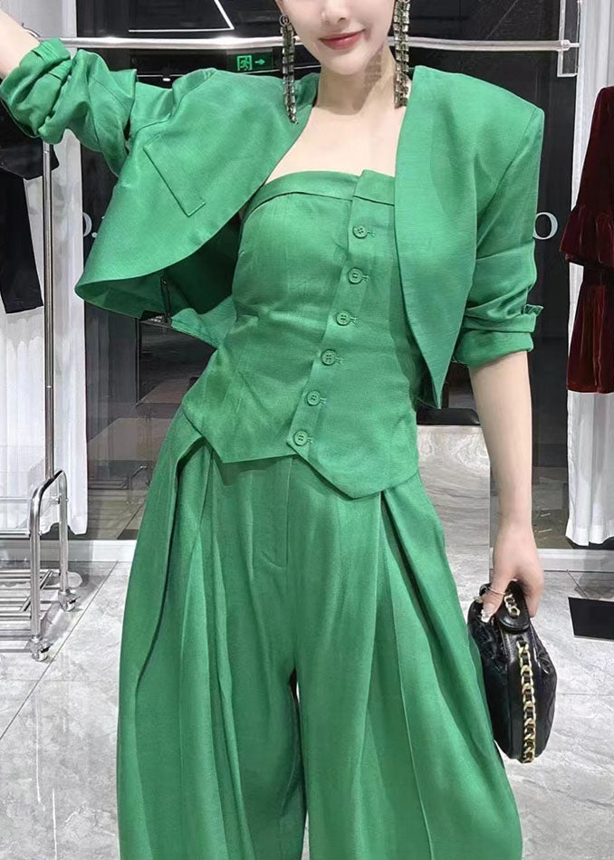 Sexy Green V Neck Coats Tube Top And Wide Leg Pants Three Pieces Set Long Sleeve