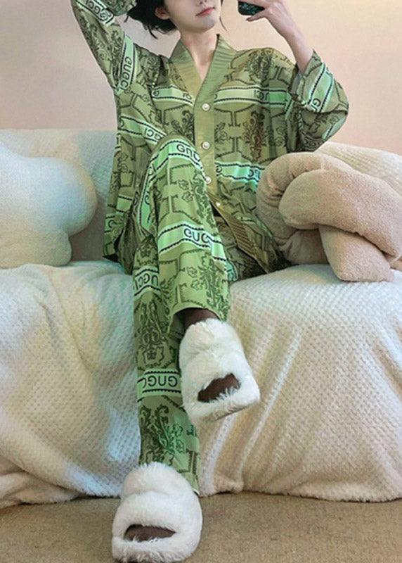 Sexy Green V Neck Print Button Ice Silk Pajamas Two Pieces Set Long Sleeve