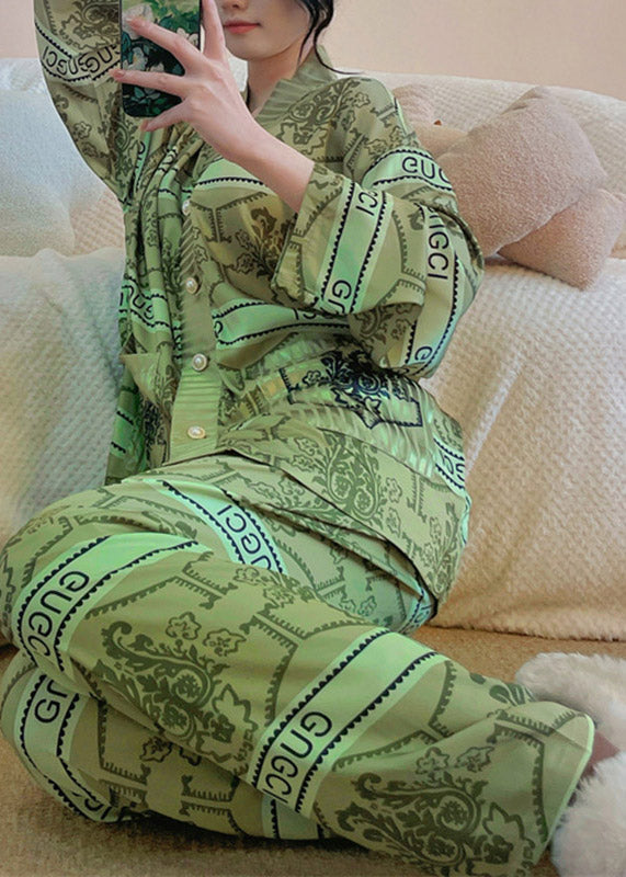 Sexy Green V Neck Print Button Ice Silk Pajamas Two Pieces Set Long Sleeve