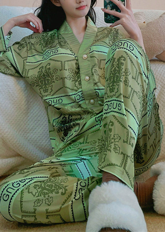 Sexy Green V Neck Print Button Ice Silk Pajamas Two Pieces Set Long Sleeve