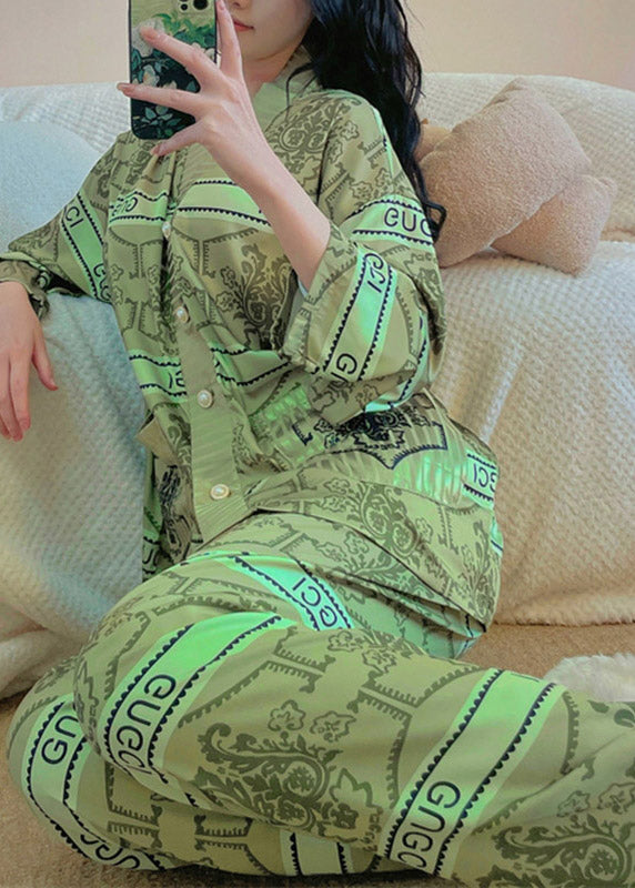 Sexy Green V Neck Print Button Ice Silk Pajamas Two Pieces Set Long Sleeve