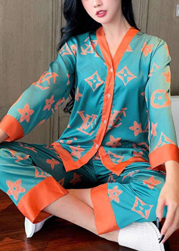 Sexy Green V Neck Print Ice Silk Pajamas Two Pieces Set Spring