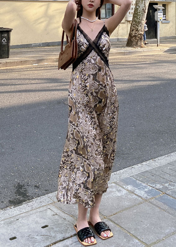 Sexy Leopard V Neck Lace Patchwork Silk Spaghetti Strap Dress Summer