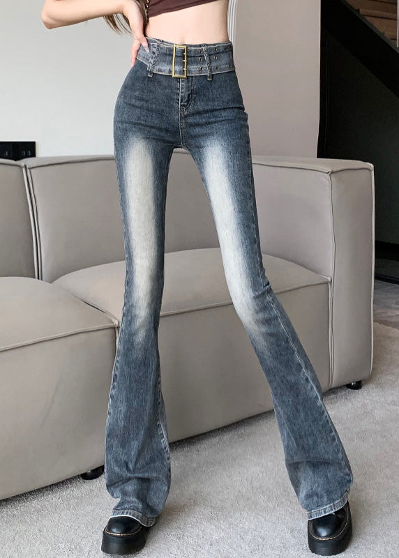 Sexy Navy Patchwork Sashes Flared Jeans Summer