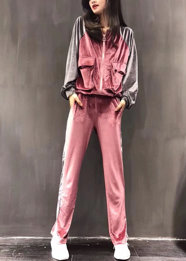 Sexy Pink Zippered Silk Velour Coats And Wide Leg Pants Two Pieces Set Long Sleeve