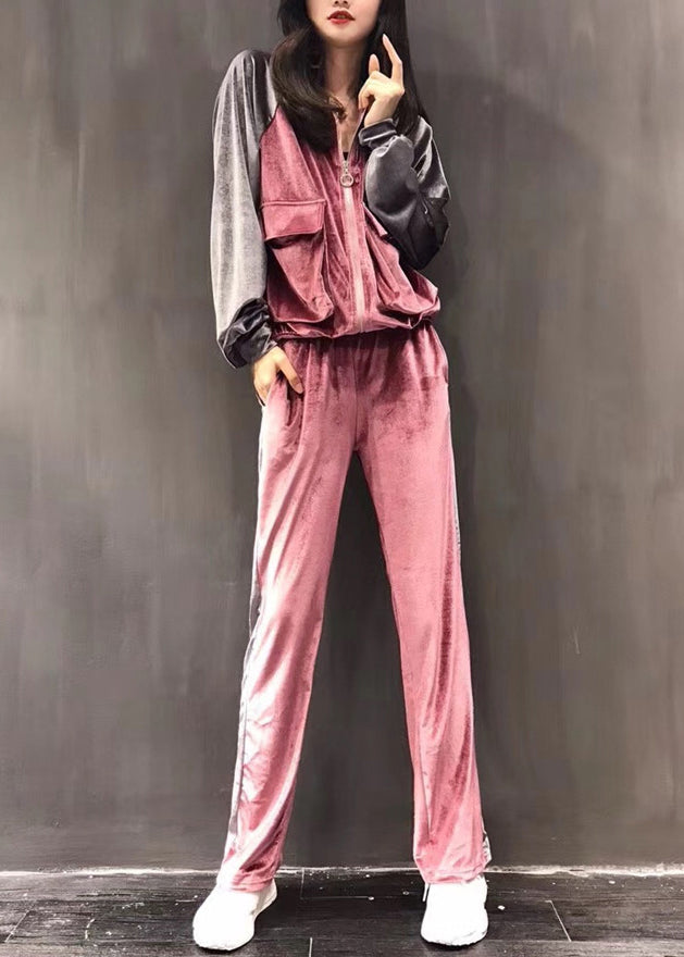 Sexy Pink Zippered Silk Velour Coats And Wide Leg Pants Two Pieces Set Long Sleeve