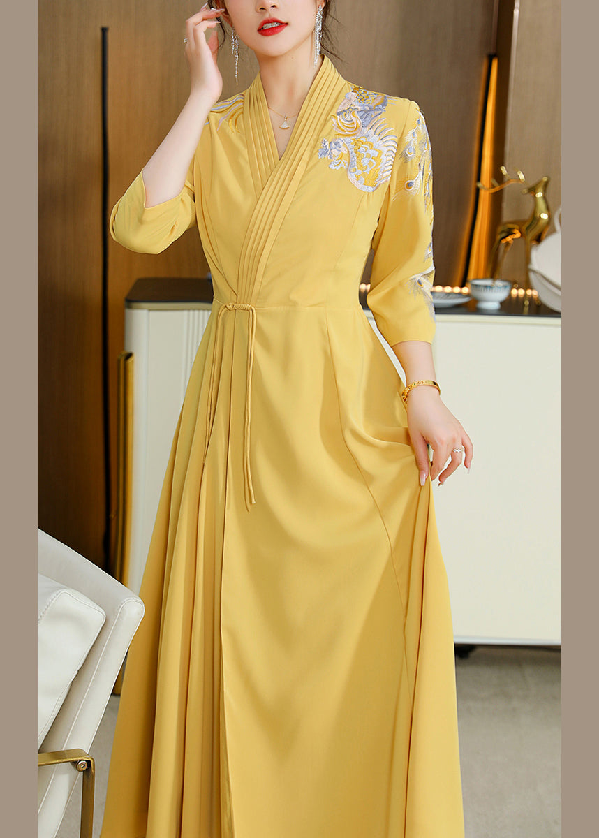 Sexy Yellow V Neck Embroideried Drawstring Satin Long Dresses Fall