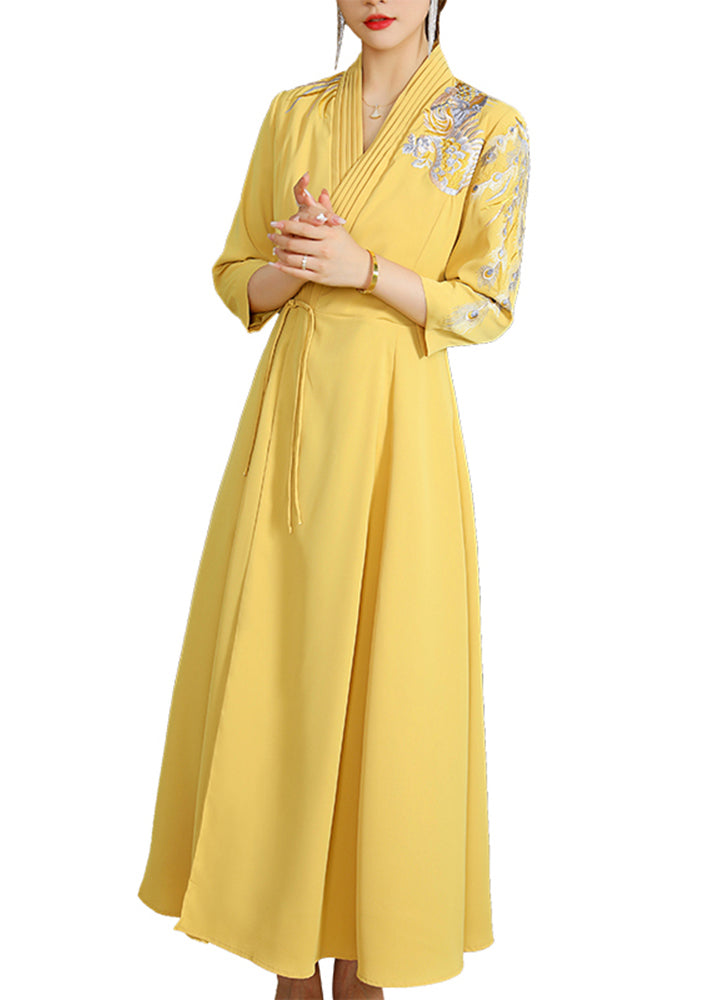 Sexy Yellow V Neck Embroideried Drawstring Satin Long Dresses Fall