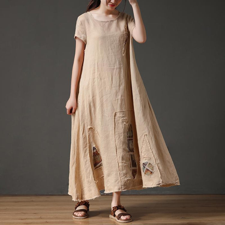 Short Sleeve Beige Loose Women Round Neck Linen Dress - Omychic