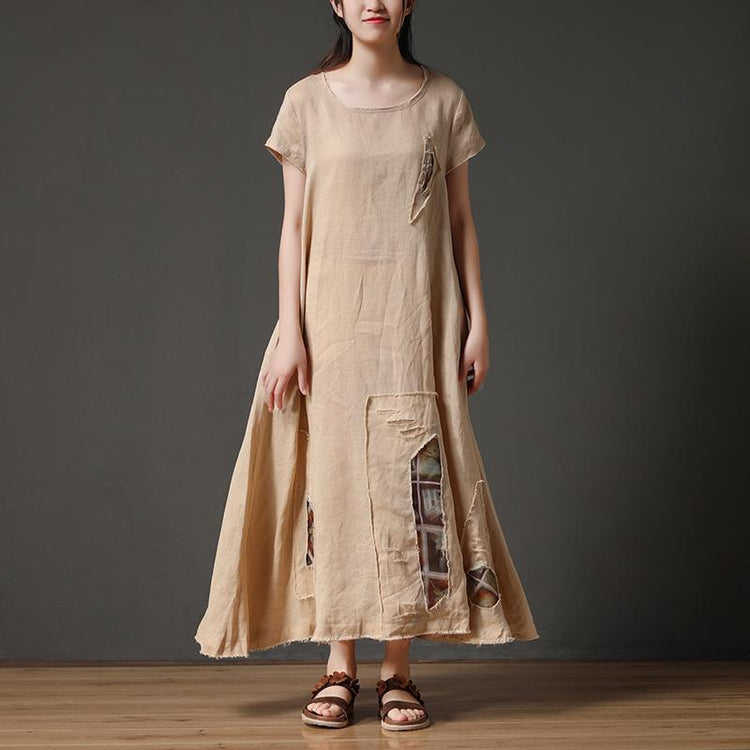 Short Sleeve Beige Loose Women Round Neck Linen Dress - Omychic