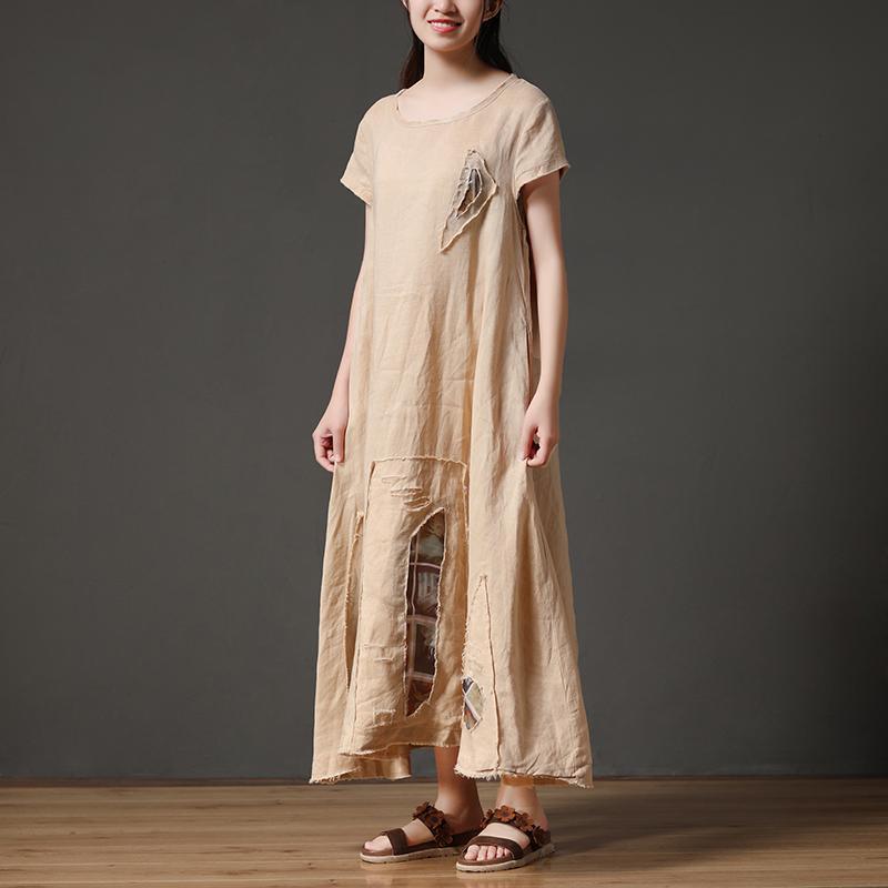 Short Sleeve Beige Loose Women Round Neck Linen Dress - Omychic