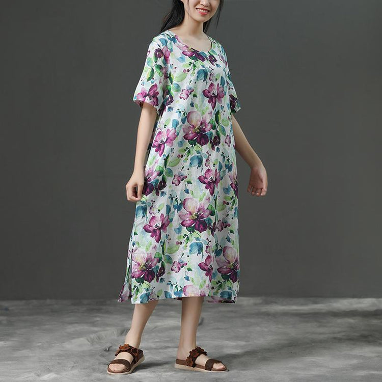 Short Sleeve Casual Loose Flower Linen Dress - Omychic