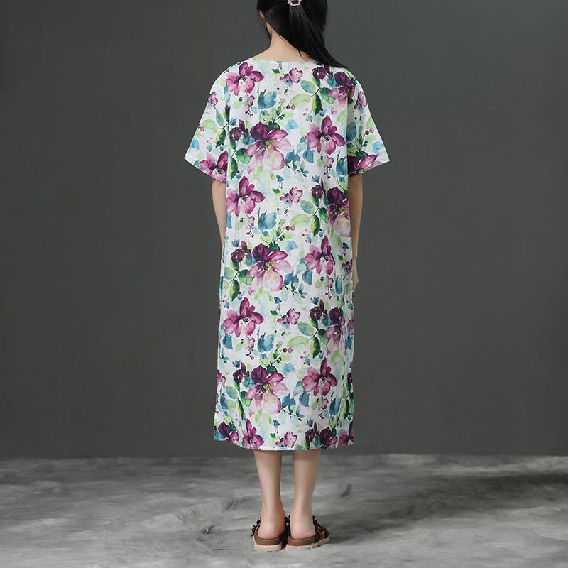 Short Sleeve Casual Loose Flower Linen Dress - Omychic