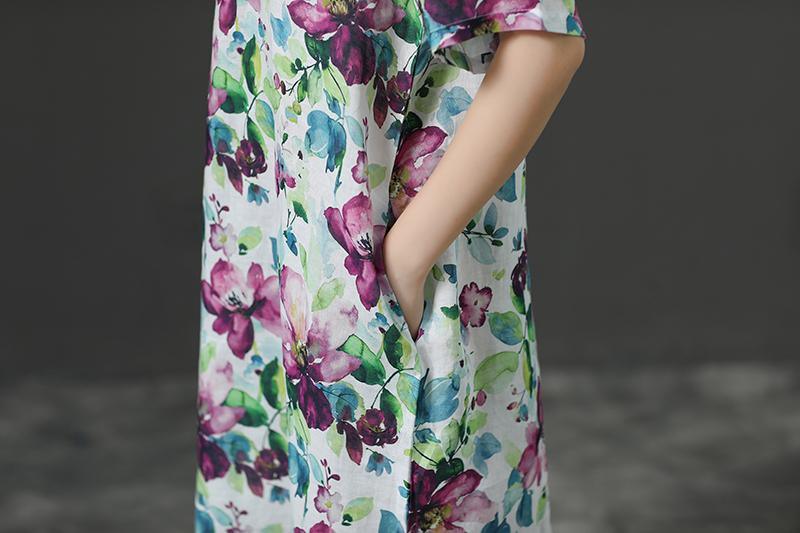 Short Sleeve Casual Loose Flower Linen Dress - Omychic