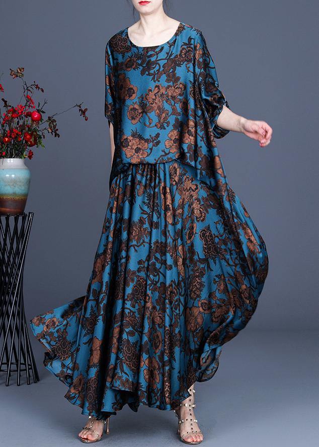 Silk floral irregular dress blue - Omychic