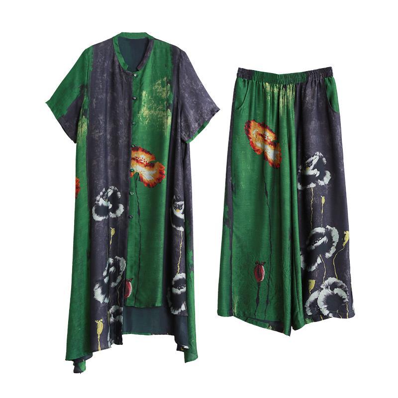 Silk suit five-point sleeve irregular long section large size shirt 2019 summer wide-leg pants - Omychic