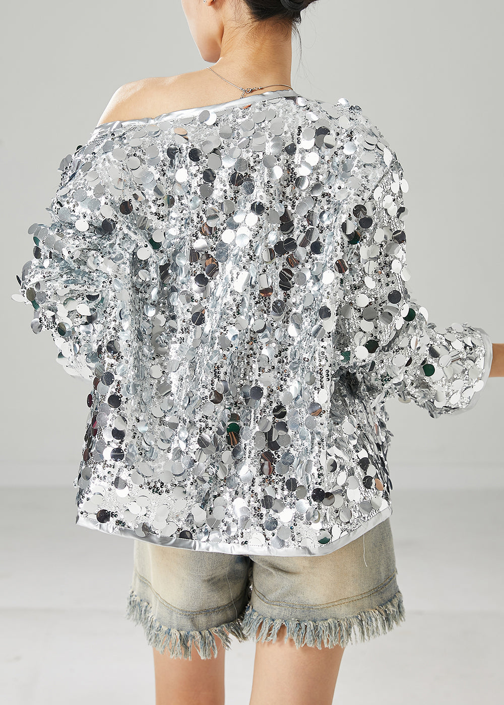 Silvery Oversized Coats Sequins Spring