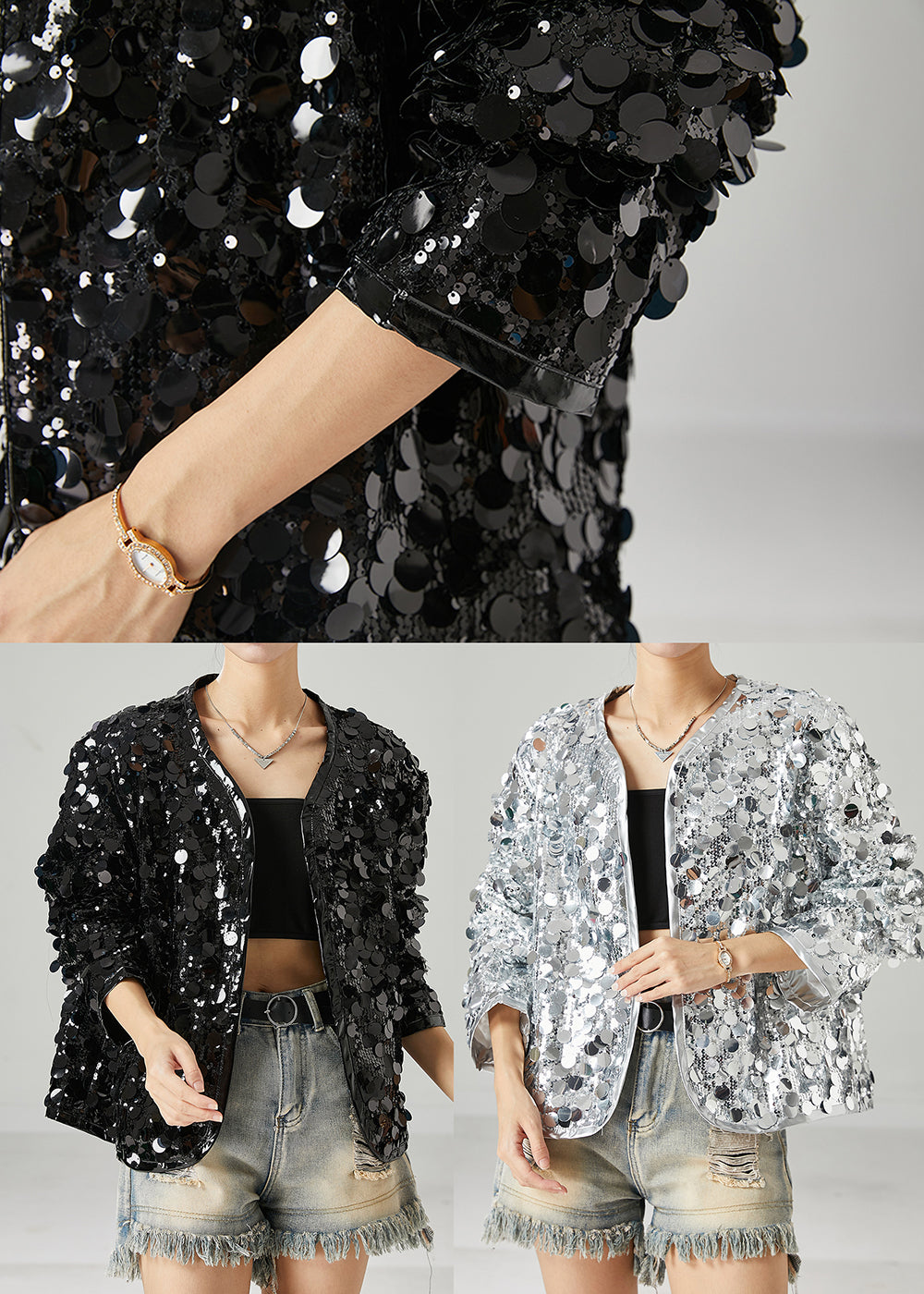 Silvery Oversized Coats Sequins Spring